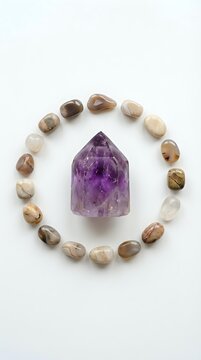 Polished amethyst crystal point surrounded by tumbled stones arranged