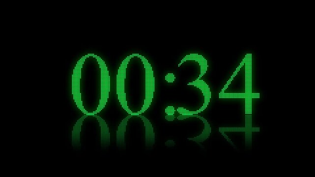 Animated green LED countdown timer with glowing digital numbers and reflection, seamless loop with alpha channel for compositing