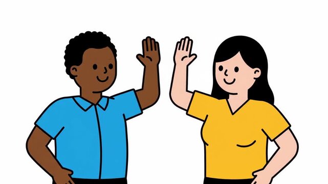 Two people, a Black man and a White woman, high-five, celebrating success, teamwork, and friendship, cartoon illustration