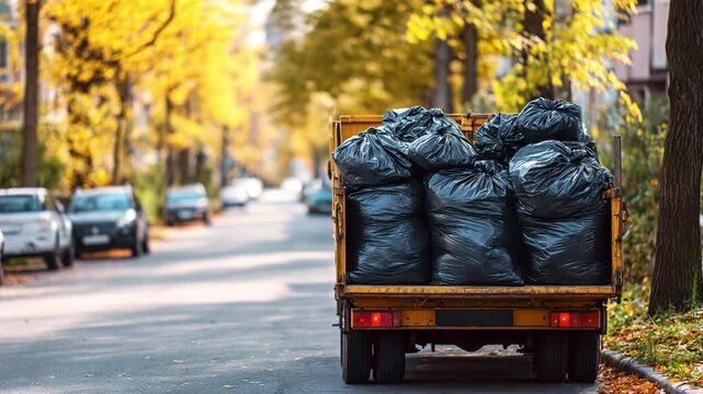 The back of a truck loaded with black plastic bags of waste on an autumn city street. The concept of public utilities, waste collection, and cleaning of the territory