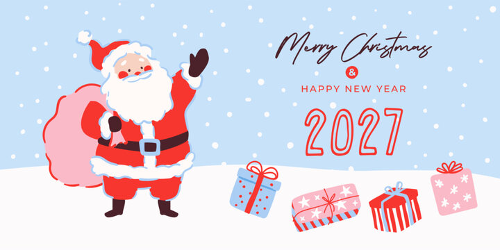 Merry Christmas and Happy New Year Playful cozy greeting Card with a cute Santa, gifts and typography design. Cheerful holiday template for greeting card, cover, poster, social media, branding, print.