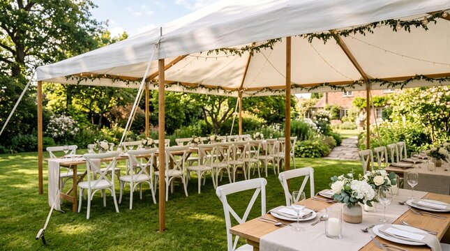 Backyard wedding reception table setup under a white marquee tent with rustic wooden dining tables, white cross-back chairs, and floral centerpieces in a green garden