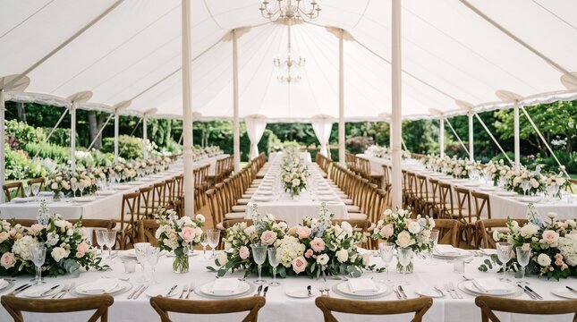 White event marquee tent reception with long wooden banquet tables, elegant pastel floral centerpieces, chiavari chairs, and draped ceiling