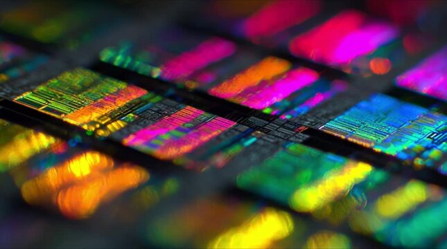 Close up shot of silicon microchip wafer structure with colorful prismatic reflections and glowing light effect during precision semiconductor manufacturing process (AI Generated)