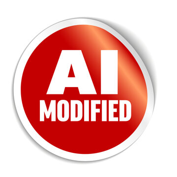 A vibrant red round AI modified sticker design. This AI modified label is perfect for indicating content altered by artificial intelligence in a professional circular format.