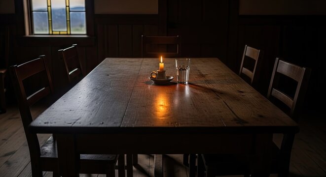 Dimly lit wooden dining table with single burning candle.