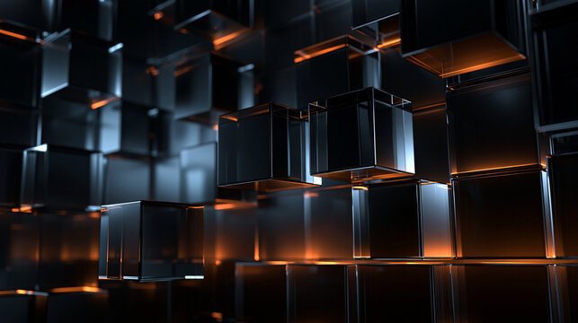 Futuristic 3D Metallic Cubes Background with Orange Glow