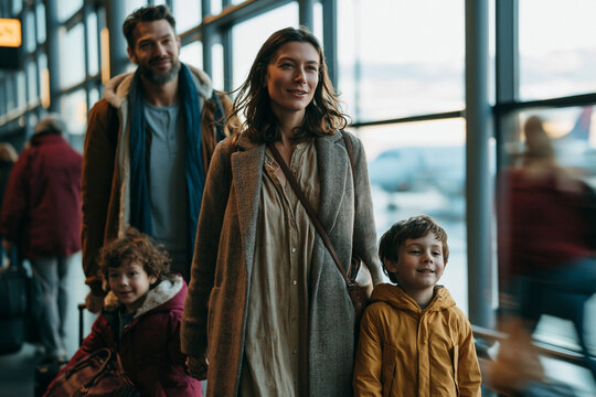 Happy Family Walking Through Airport Terminal for Vacation