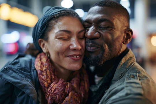 Happy Romantic Couple Embracing Outdoors in City
