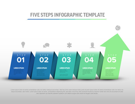 Professional infographic template featuring five steps to success. This infographic template uses a rising arrow to visualize growth through five steps and business progress.