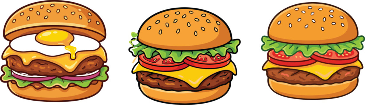 Cartoon burger set. Vector illustration.Hamburger symble icon set.Cartoon cheeseburger icon.