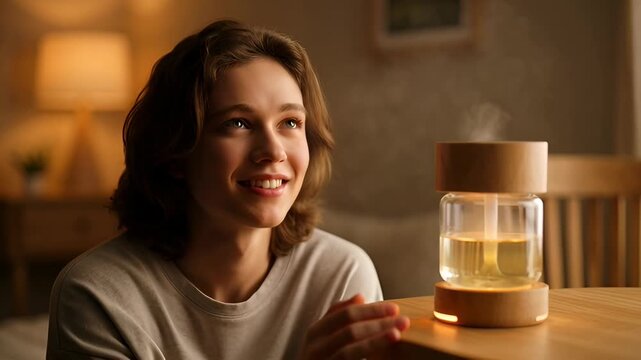 Young Woman Enjoying Aroma From Essential Oil Diffuser in Cozy Evening Light, Aromatherapy, Home Fragrance