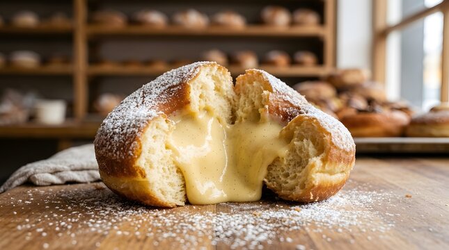 Fresh cream filled donut split open on a wooden bakery table with powdered sugar perfect for national cream filled donut day