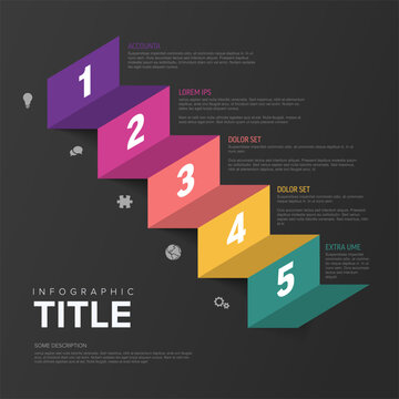 A modern infographic template featuring five colorful steps for data visualization. This business infographic shows a clear progression of steps on a dark professional background.