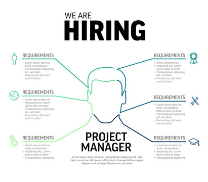 A professional hiring infographic detailing requirements for a project manager position. Use this recruitment template for your project manager hiring search.