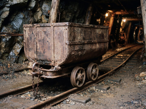 Rusty ore cart on rails inside an abandoned underground mine tunnel.