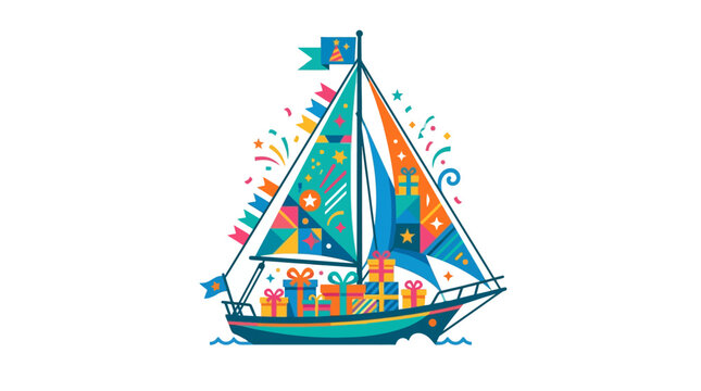 Colorful festive sailboat decorated with presents and flags.