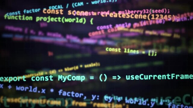 Abstract digital screen with scrolling computer code and colorful programming syntax on dark background