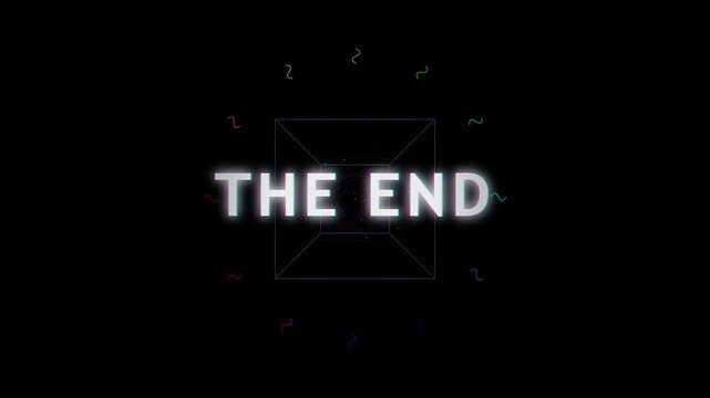 Closing credits sequence with glowing text fading out over a dark geometric background