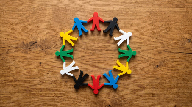 Colorful miniature human figures holding hands in a connected circle on a wooden surface, symbolizing teamwork, diversity, inclusion, and a unified community.