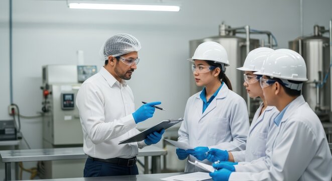Quality manager and team conducting inspection and discussion in food industry production lab