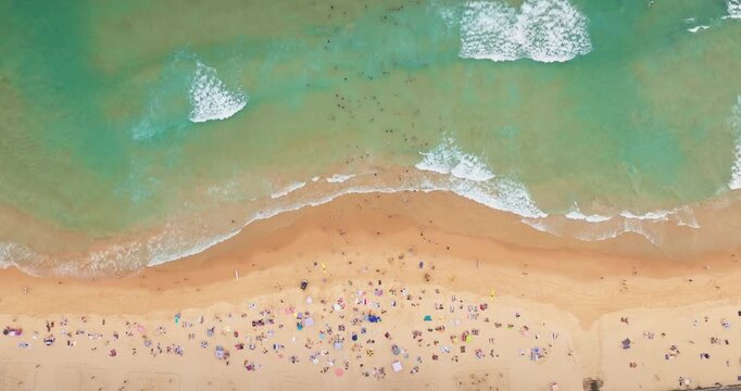 People enjoying summer day on Manly Beach in Sydney, Australia, crowd sunbathing on the sand and swimmers in the turquoise ocean water with breaking waves. Summer background, aerial top down view
