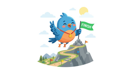 Fototapeta premium Cute bird with medal celebrates reaching finish line, victory, achievement