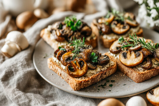 Rustic Mushroom Bruschetta with Cream Cheese and Fresh Herbs