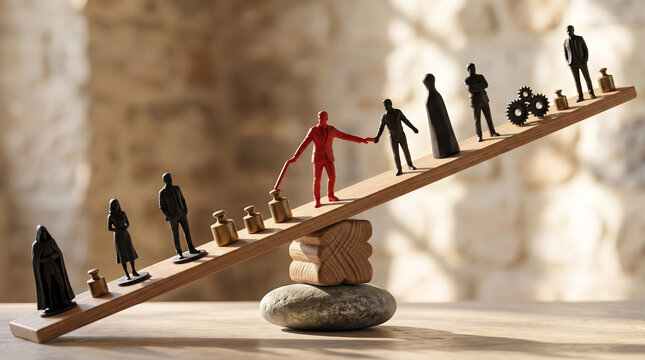 A red figure and black figures balance on a wooden seesaw propped on a stone, holding hands to symbolize work-life equilibrium and support.