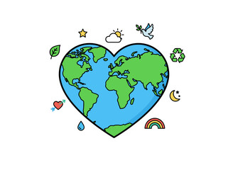Fototapeta premium Heart Shaped Earth Map with Ecology Icons for Sustainability and Peace Concept