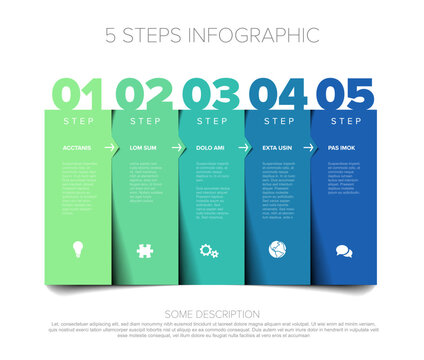 Professional 5 steps infographic featuring a clean business infographic design with five colorful stages. This 5 steps infographic template uses blue and green tones for data visualization.