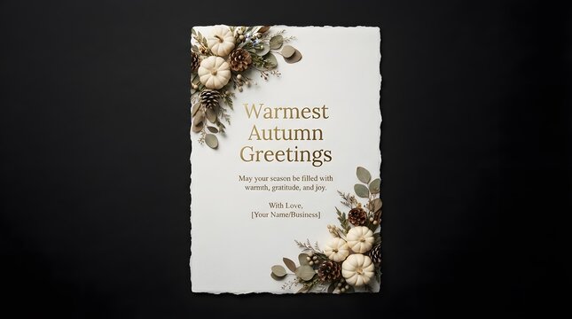 Warmest autumn greetings card with white pumpkins and pinecones