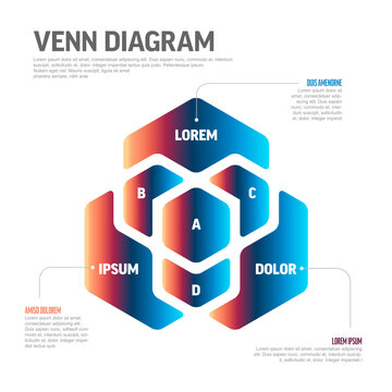 This professional Venn diagram infographic features a modern hexagonal design for presentations. Use this versatile Venn diagram infographic to display complex overlapping data.