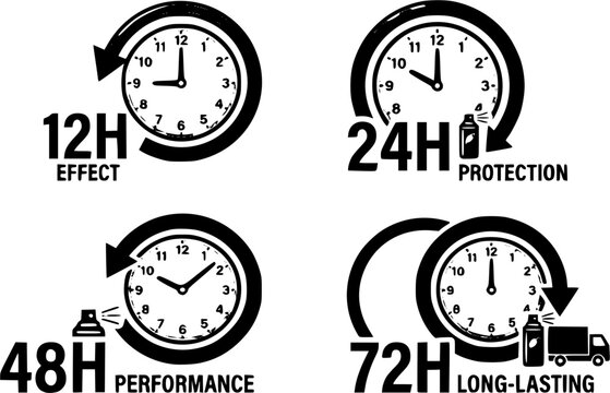 Black line delivery time clock icon set, 12, 24, 48 and 72 hour service symbols with arrows for shipping and express delivery isolated on white background