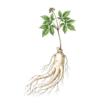 Watercolor botanical illustration of a whole ginseng plant with root, leaves, and red berries isolated on white