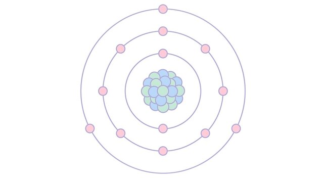 Educational vector diagram of an atomic Bohr model showing the nucleus and multiple electron shells