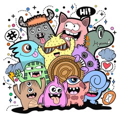 Naklejka premium Cute Colorful Doodle Monsters Crowd Gathering Together
