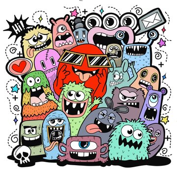 Colorful Cute Monster Doodle Crowd