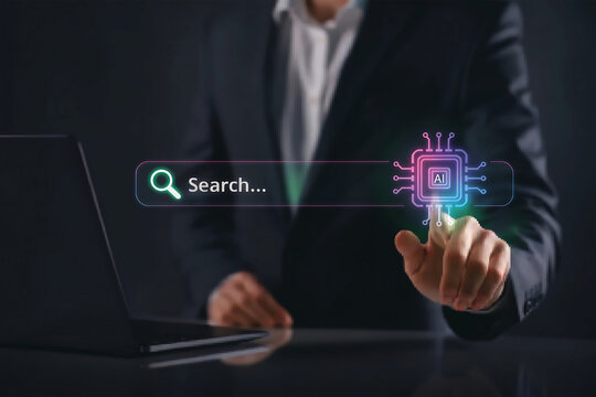 Answer engine optimization AEO concept with hand pointing on search bar referring to searching for information on the internet with AI assistance.