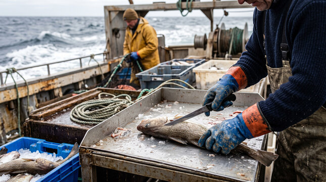 Fishermen processing catch on commercial fishing boat
