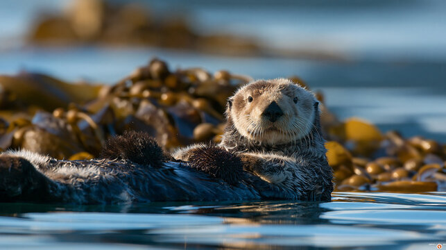 Sea Otter Floating in Coastal Water Among Kelp in Natural Marine Habitat