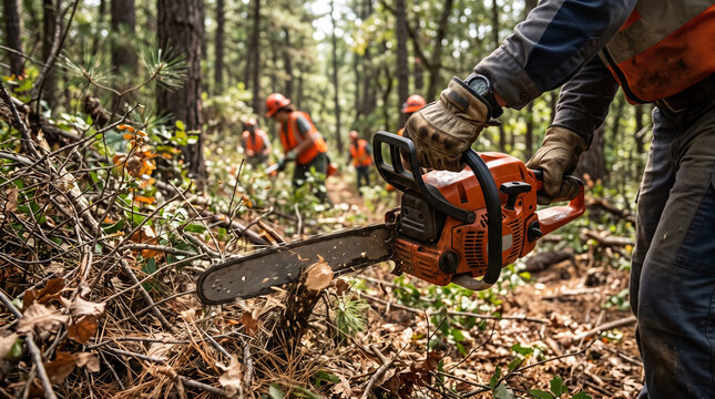 Forest crew cutting brush with chainsaw