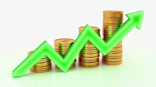 Rising Gold Coin Stacks with Green Upward Arrow Representing Financial Growth Profit Investment Success and Wealth
