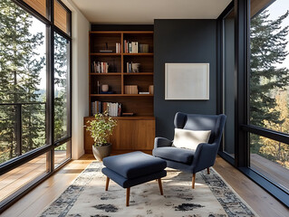 Fototapeta premium Cozy reading nook with armchair and ottoman overlooking a forest