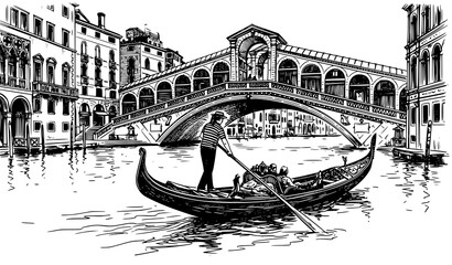 Venetian gondola with gondolier and Rialto Bridge black and white hand drawn travel sketch illustration © ShetuRoy Vectors 