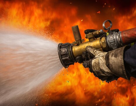 Firefighter Holding Hose Spraying Water on Intense Fire