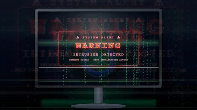 Digital computer screen displaying a red warning alert for system intrusion and cyber security breach