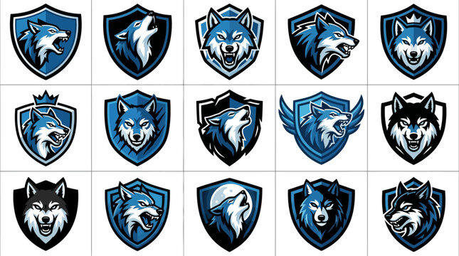 Collection of Blue Wolf Head Shield Emblems.