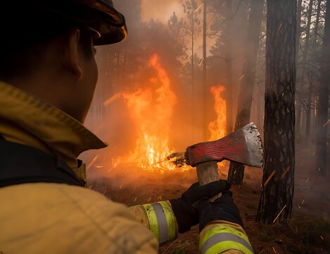 Firefighter Holding Axe Facing Forest Wildfire
