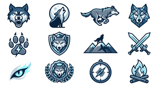 Collection of Wolf Themed Vector Icons and Symbols.